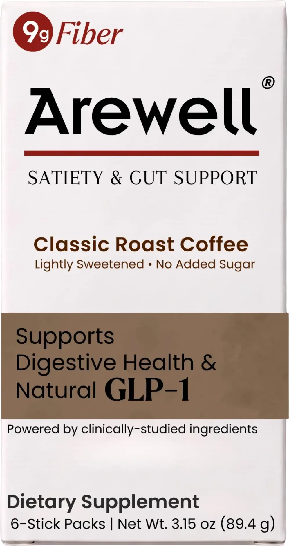 Front of the Arewell Satiety and Gut Support box: Classic Roast Coffee, lightly sweetened, no added sugar, 9 g fiber, 6 stick packs.